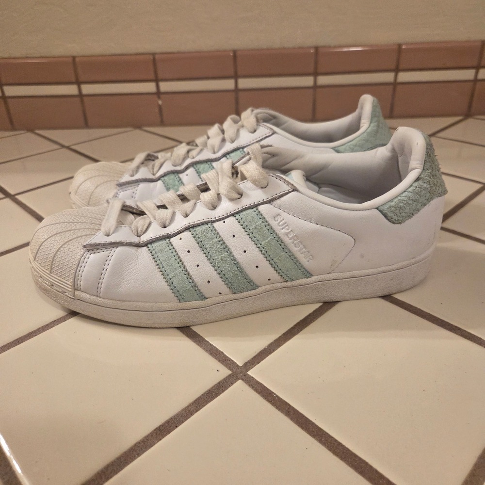 Adidas Superstar White Mint Green Suede Shell Toe Sneakers CG5461 Womens 8.5